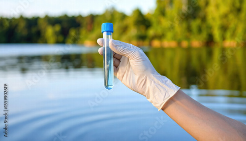 Fototapeta Naklejka Na Ścianę i Meble -  Water sample tube held by gloved hand over rippling lake with forest background