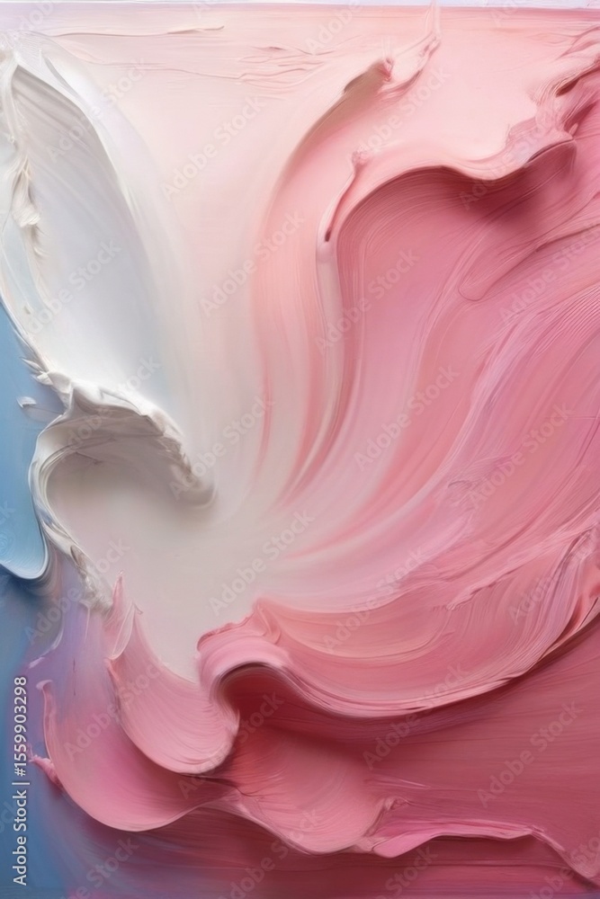 Fototapeta premium Abstract painting in pink and blue hues with dynamic brushstrokes and fluid composition on white background, creating movement and depth.
