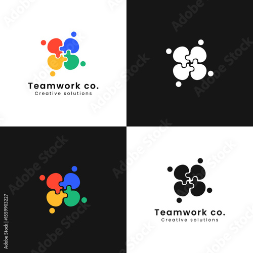 Flat colorful puzzle logo of four people connecting together, symbolizing collaboration, unity, and problem solving.