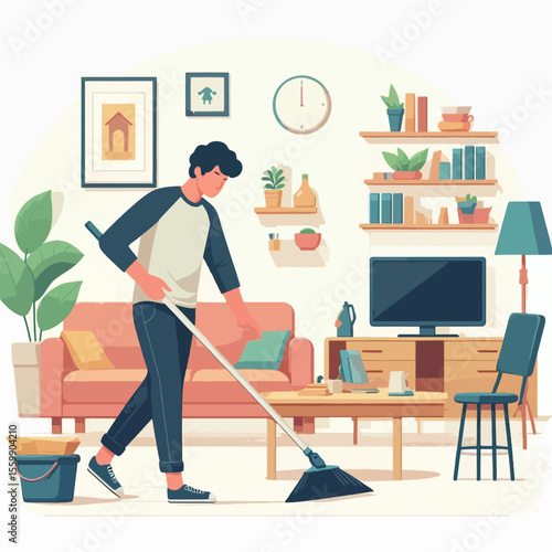 A person is sweeping the floor in a well-lit living room, maintaining cleanliness.