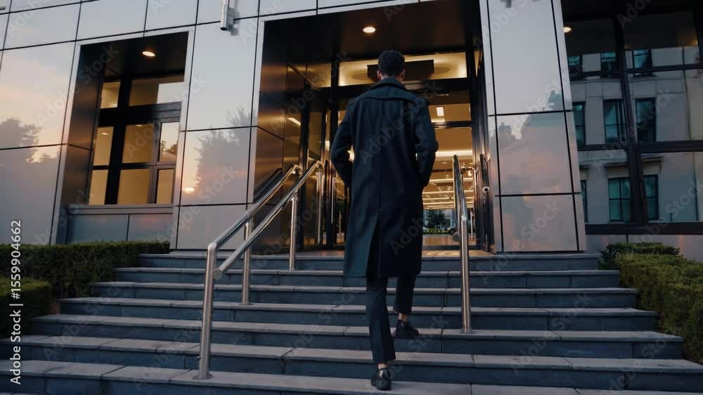 Businessman approaches modern office building in city during sunset Businessman approaches modern office building in city during sunset