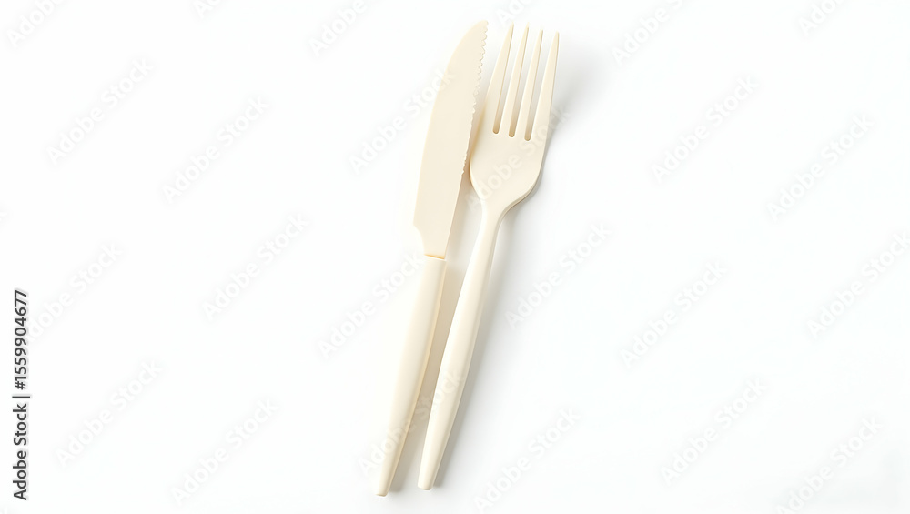 Fototapeta premium Sustainable Food Packaging Compostable knife and fork set made of cornstarch-based material, placed diagonally on white surface
