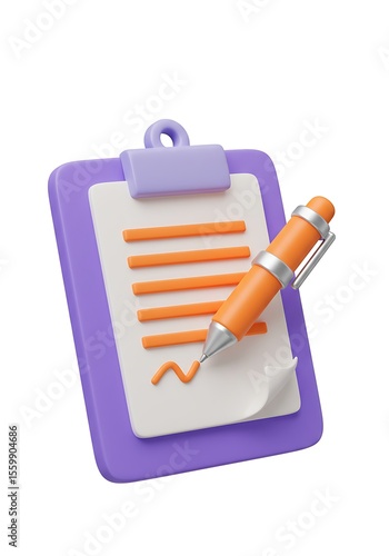 3d Clipboard with pencil and blank paper illustration for notes or checklist design