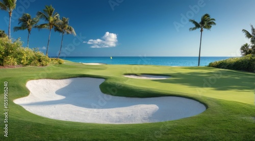 Scenic Oceanview Golf Course with Turquoise Waters, Lush Greenery, and Serene Atmosphere