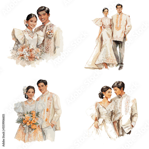 Watercolor Filipino wedding couples in traditional Barong Tagalog and Maria Clara dresses, representing love, elegance, and cultural identity.

