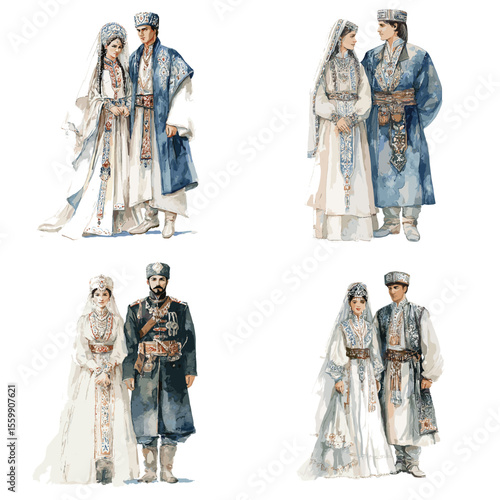 Elegant watercolor portraits of Caucasus couples in traditional attire, adorned with embroidered details and classic headdresses symbolizing cultural pride and unity.

