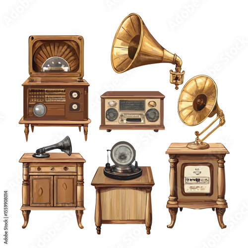 Classic radios  and music players and land line Highly detailed illustrations vector art 
