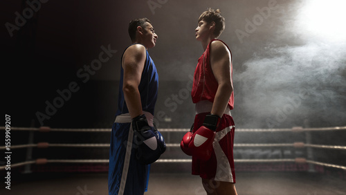 Foto Two boxers face off in 3D foggy boxing ring under dramatic lighting atmosphere