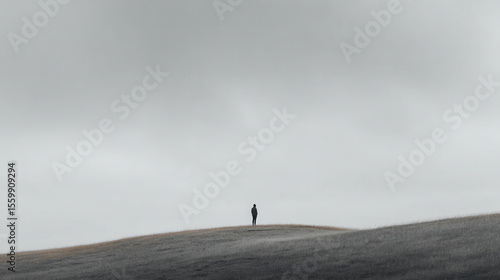 minimalist photograph solitary figure in tundra of norway under overcast sky framed by natural curves