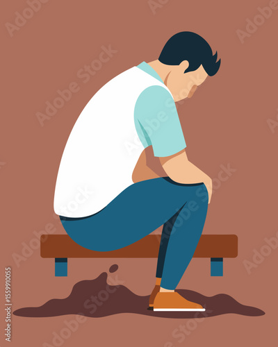A man sits hunched over on a bench his shirt stretched taut over his back showing deep crevices that resemble dried riverbeds.. Vector illustration