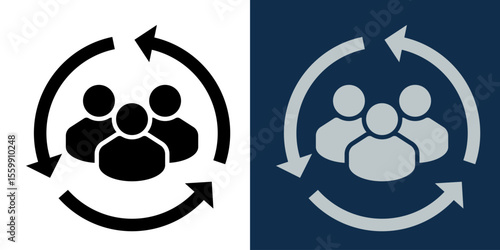 Teamwork process icon. People and arrows cycle symbol for collaboration, workflow, communication, network, community or user group. Flat style isolated sign