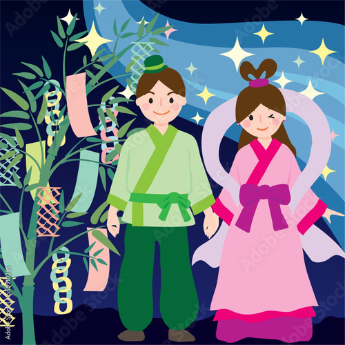 七夕の織姫と彦星、天の川、笹のベクターイラスト