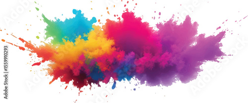 Artistic Rainbow Paint Dust Explosion Isolated on White – Bright Colorful Powder Cloud for Holi Festival, Celebration, and Joyful Creative Background Design Concept
