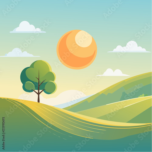 quiet landscape with hills, sun, and a lone tree, soft gradients