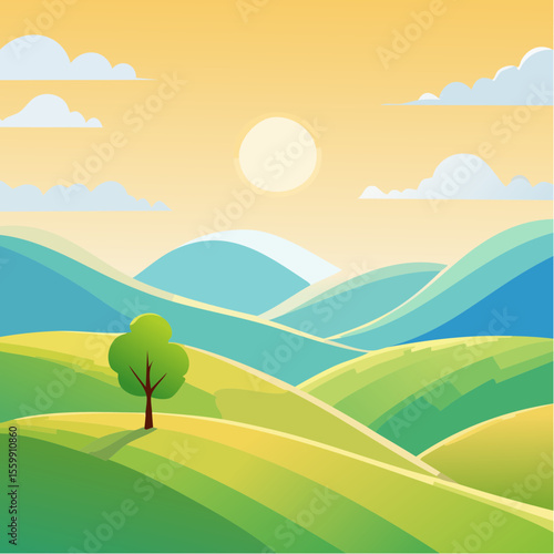 quiet landscape with hills, sun, and a lone tree, soft gradients