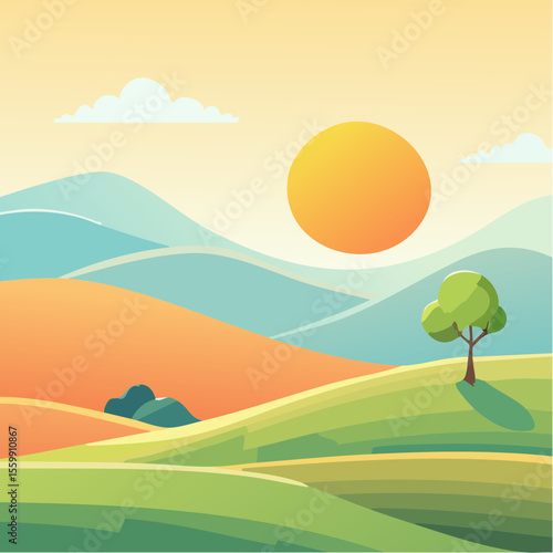 quiet landscape with hills, sun, and a lone tree, soft gradients