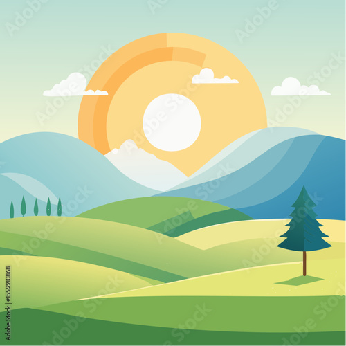 quiet landscape with hills, sun, and a lone tree, soft gradients
