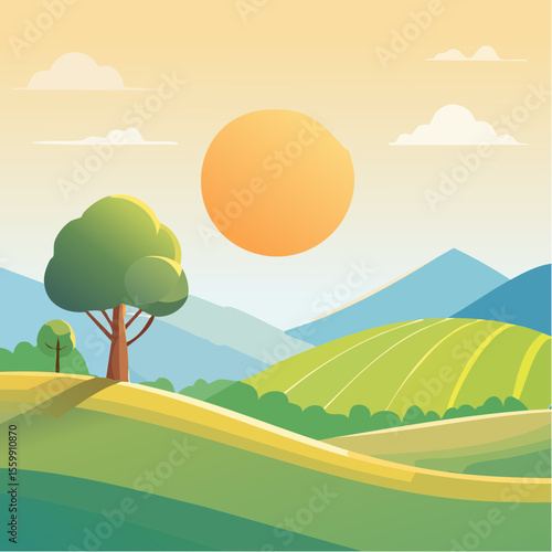 quiet landscape with hills, sun, and a lone tree, soft gradients
