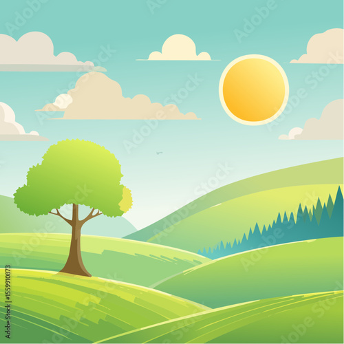 quiet landscape with hills, sun, and a lone tree, soft gradients
