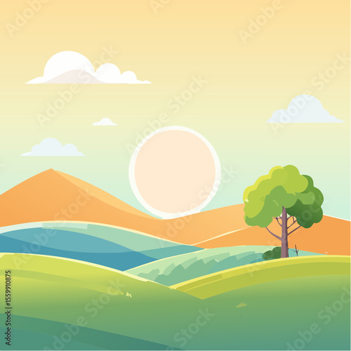quiet landscape with hills, sun, and a lone tree, soft gradients