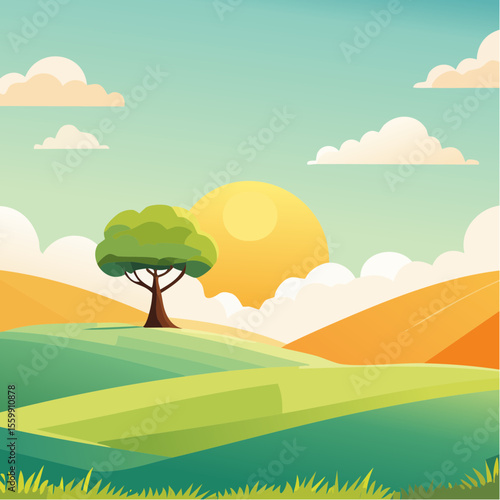 quiet landscape with hills, sun, and a lone tree, soft gradients