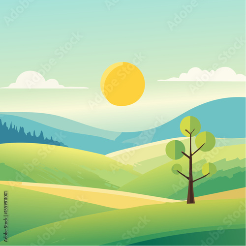 quiet landscape with hills, sun, and a lone tree, soft gradients