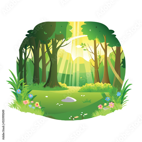 Tranquil forest clearing illuminated by the soft lights and deep forest vector art design 