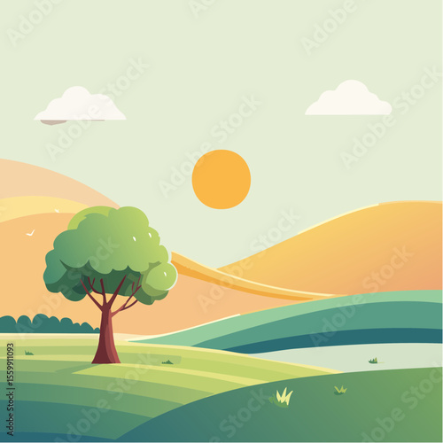 quiet landscape with hills, sun, and a lone tree, soft gradients