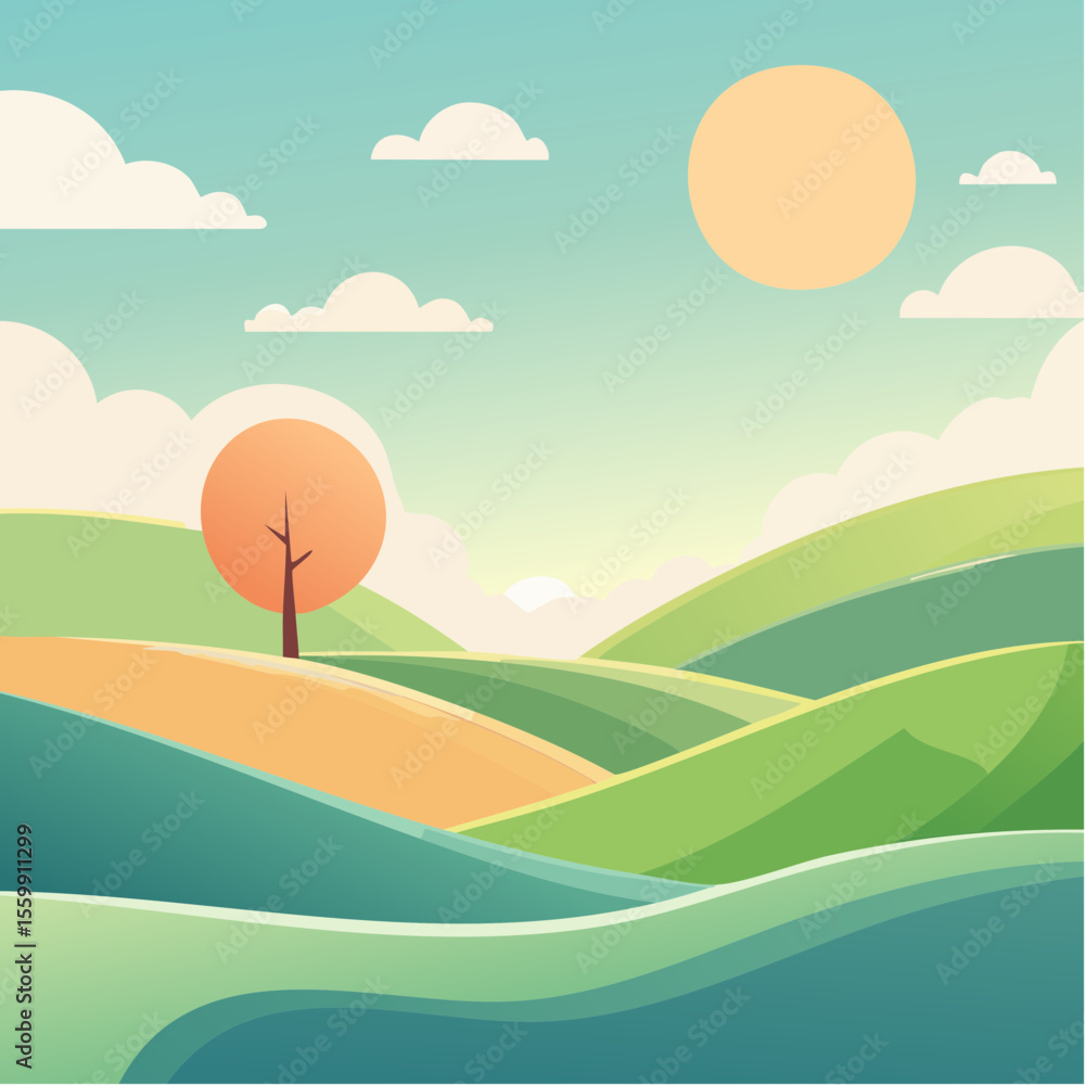 Fototapeta premium quiet landscape with hills, sun, and a lone tree, soft gradients