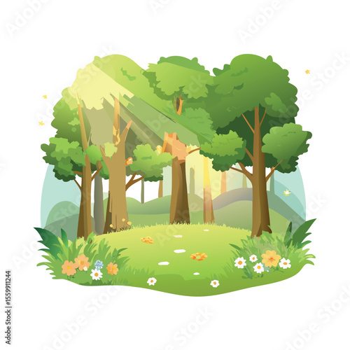 Tranquil forest clearing illuminated by the soft lights and deep forest vector art design 