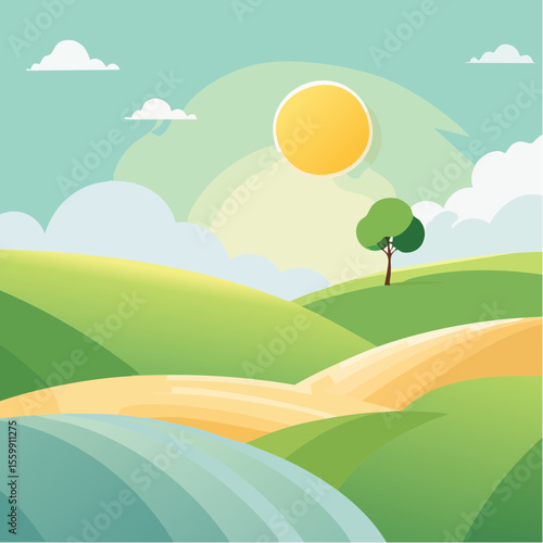quiet landscape with hills, sun, and a lone tree, soft gradients