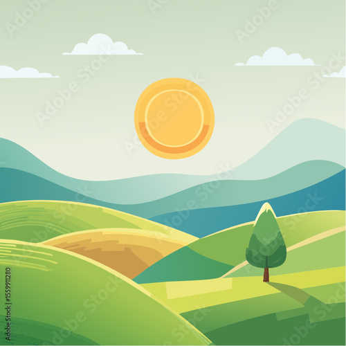 quiet landscape with hills, sun, and a lone tree, soft gradients