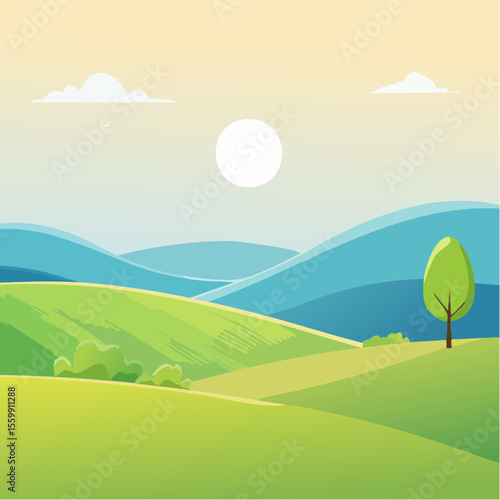 quiet landscape with hills, sun, and a lone tree, soft gradients