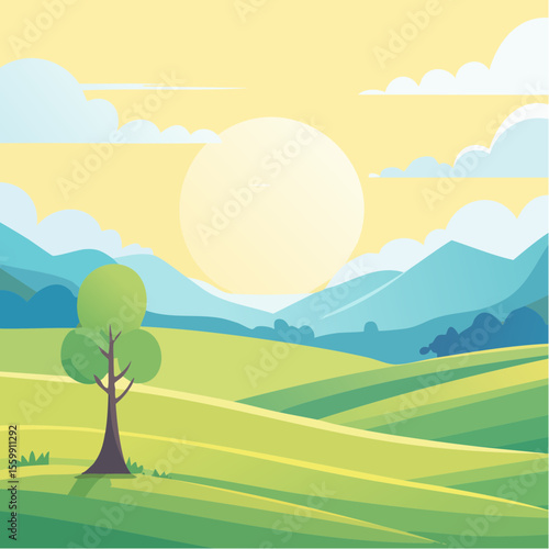 quiet landscape with hills, sun, and a lone tree, soft gradients