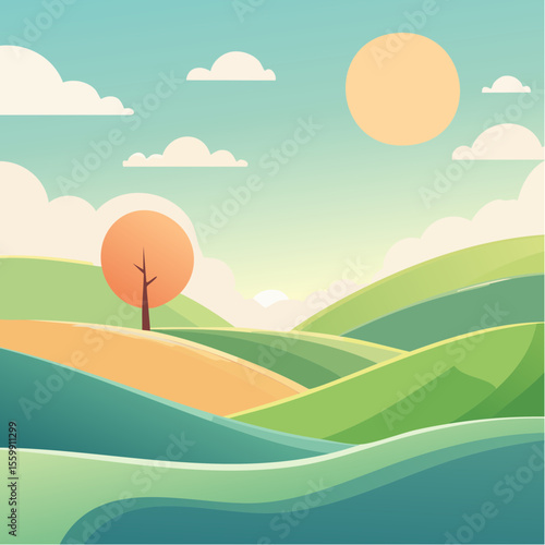 quiet landscape with hills, sun, and a lone tree, soft gradients
