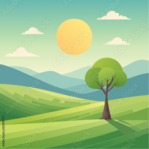 quiet landscape with hills, sun, and a lone tree, soft gradients