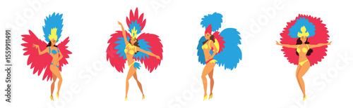 Brazilian Woman Samba Dancer in Bright Parade Feather Dress Vector Set