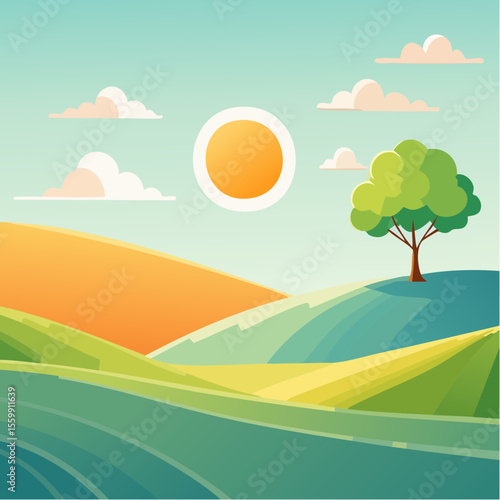 quiet landscape with hills, sun, and a lone tree, soft gradients