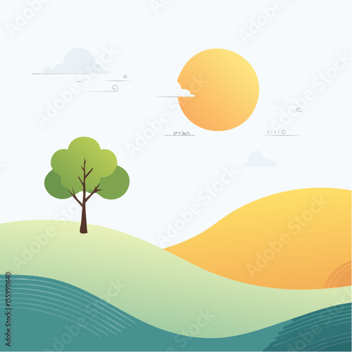 quiet landscape with hills, sun, and a lone tree, soft gradients