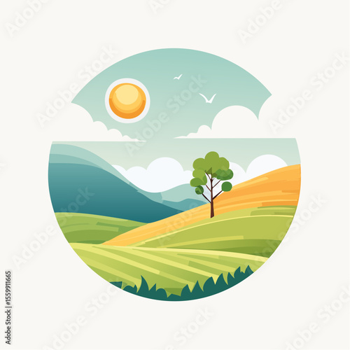quiet landscape with hills, sun, and a lone tree, soft gradients