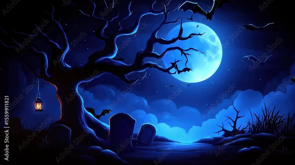 Spooky Halloween Night with Full Moon and Bats Spooky Halloween Night with Full Moon and Bats