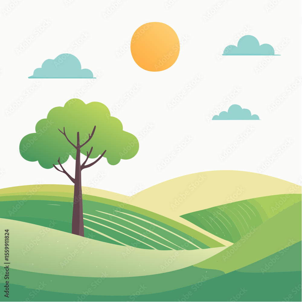 Fototapeta premium quiet landscape with hills, sun, and a lone tree, soft gradients