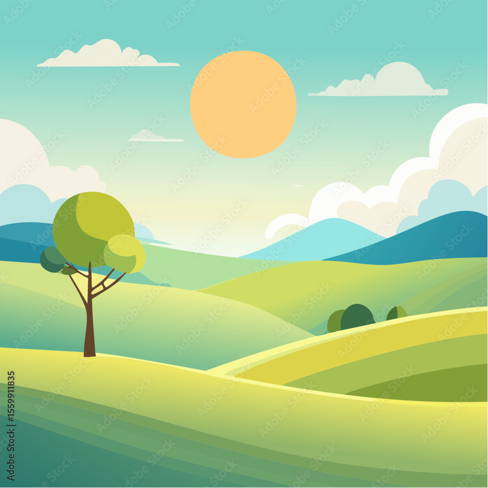 Fototapeta premium quiet landscape with hills, sun, and a lone tree, soft gradients