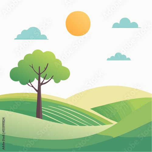 quiet landscape with hills, sun, and a lone tree, soft gradients