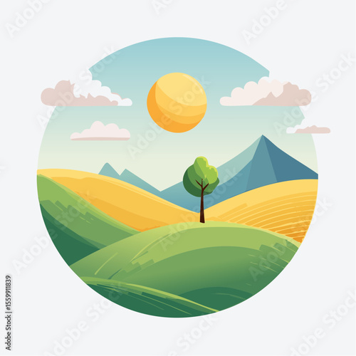 quiet landscape with hills, sun, and a lone tree, soft gradients