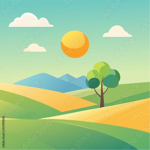 quiet landscape with hills, sun, and a lone tree, soft gradients