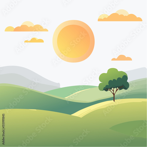quiet landscape with hills, sun, and a lone tree, soft gradients