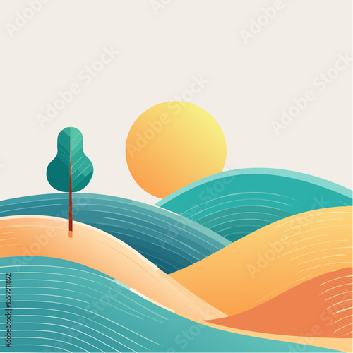 quiet landscape with hills, sun, and a lone tree, soft gradients