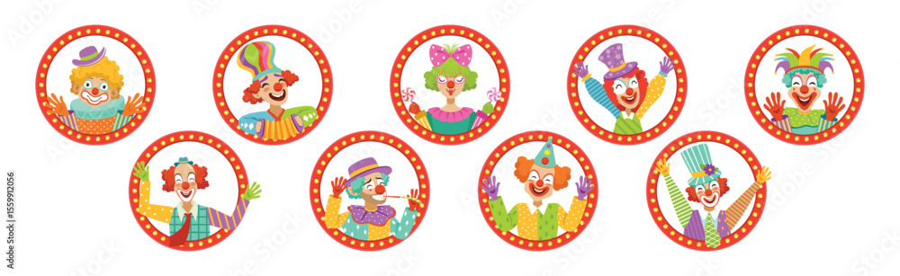 Fototapeta premium Colorful Friendly Clown Character and Circus Comedian Vector Set