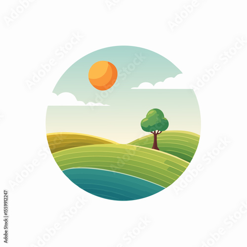 quiet landscape with hills, sun, and a lone tree, soft gradients